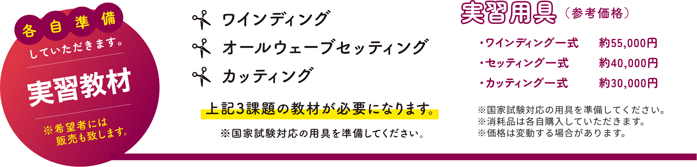 各自準備していただきます。実習教材※希望者には販売も致します。 ワインディング オールウェーブセッティング カッティング 上記3課題の教材が必要になります。※国家試験対応の用具を準備してください。実習用具（参考価格）・ワインディング一式　約55,000円・セッティング一式　約40,000円・カッティング一式　約30,000円※国家試験対応の用具を準備してください。※消耗品は各自購入していただきます。※価格は変動する場合があります。