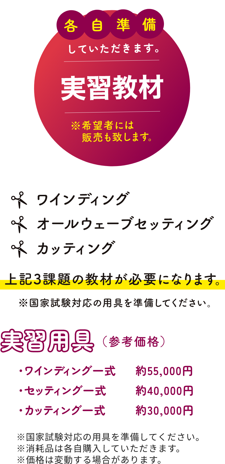 各自準備していただきます。実習教材※希望者には販売も致します。 ワインディング オールウェーブセッティング カッティング 上記3課題の教材が必要になります。※国家試験対応の用具を準備してください。実習用具（参考価格）・ワインディング一式　約55,000円・セッティング一式　約40,000円・カッティング一式　約30,000円※国家試験対応の用具を準備してください。※消耗品は各自購入していただきます。※価格は変動する場合があります。